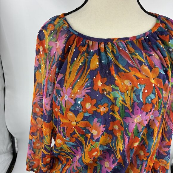 Cathy Daniels Womens Multicolor Floral Sequin Blouse Top Size M Pullover Sheer - Picture 2 of 8